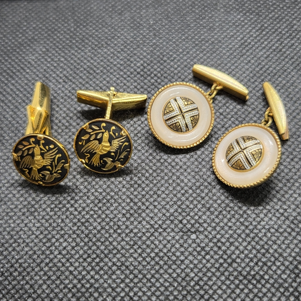 Damascene Gold and Black Cufflinks 2 Pairs, Vintage